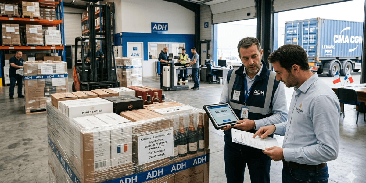Préparation et contrôle douanier d'une palette de vins et champagnes pour l'Ambassade de France au Panama dans l'entrepôt logistique ADH Centre.