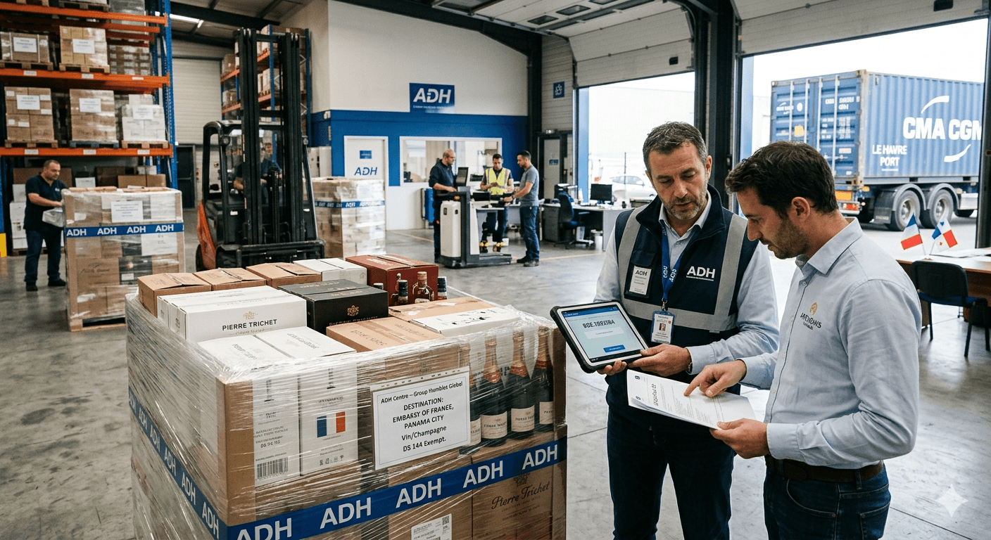 Préparation et contrôle douanier d'une palette de vins et champagnes pour l'Ambassade de France au Panama dans l'entrepôt logistique ADH Centre.